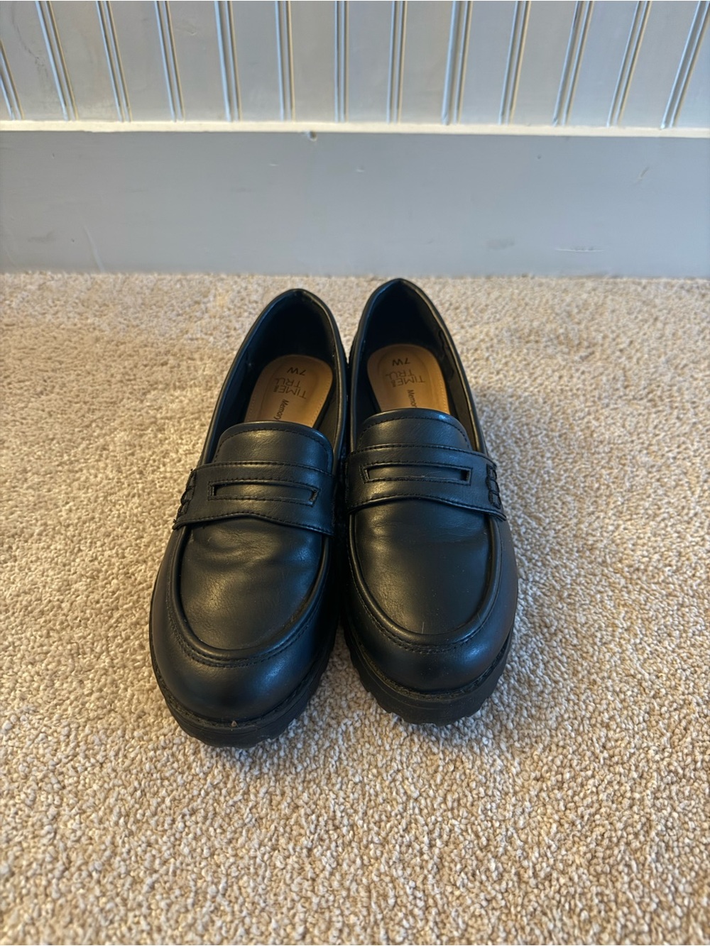 Time and Tru Black Leather Penny Loafers for Women